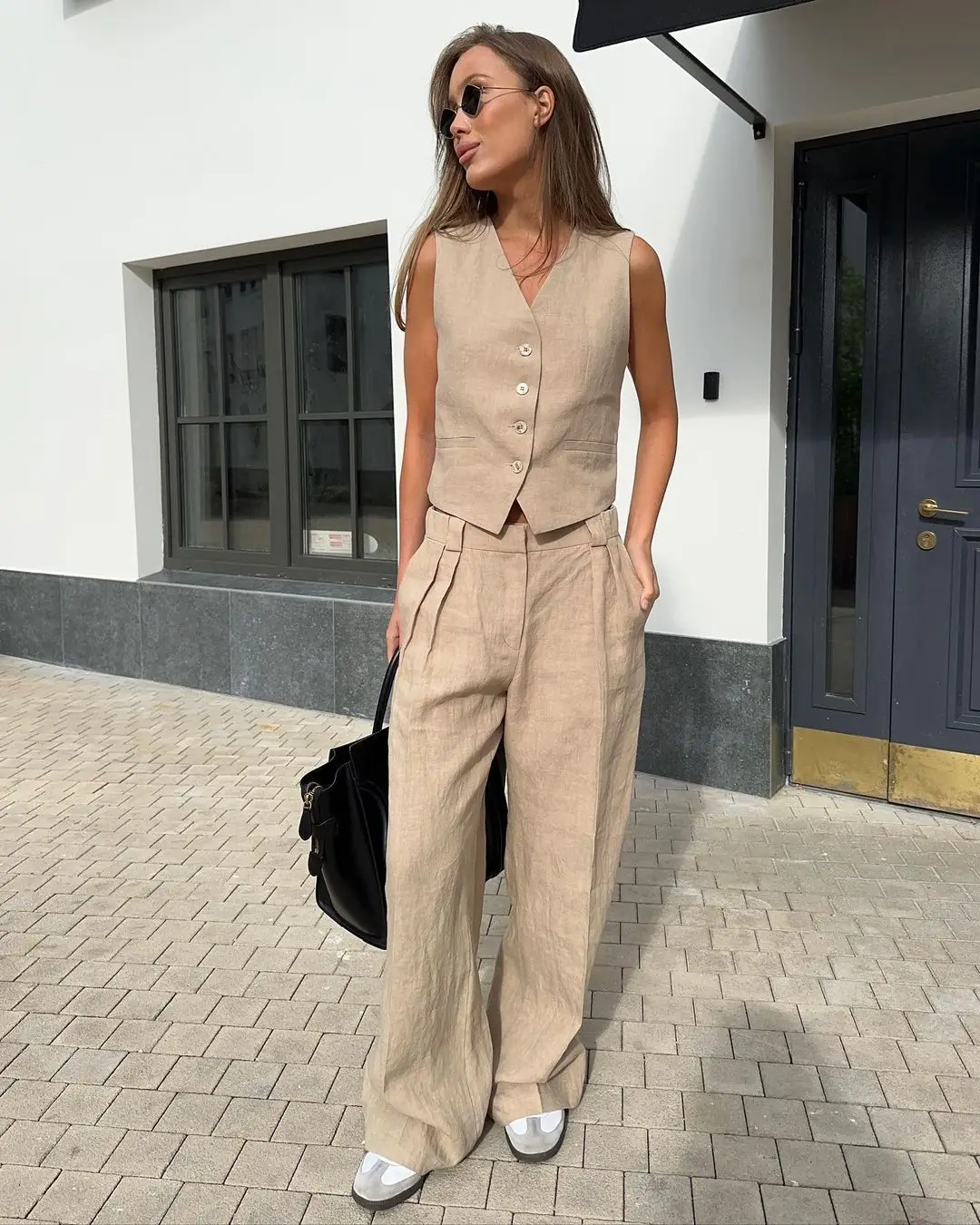 Autumn Spring Two Piece Wide Leg Pants Set Women V-neck Single Breasted Sleeveless Vest+Straight Wide Leg Shorts Suit Set