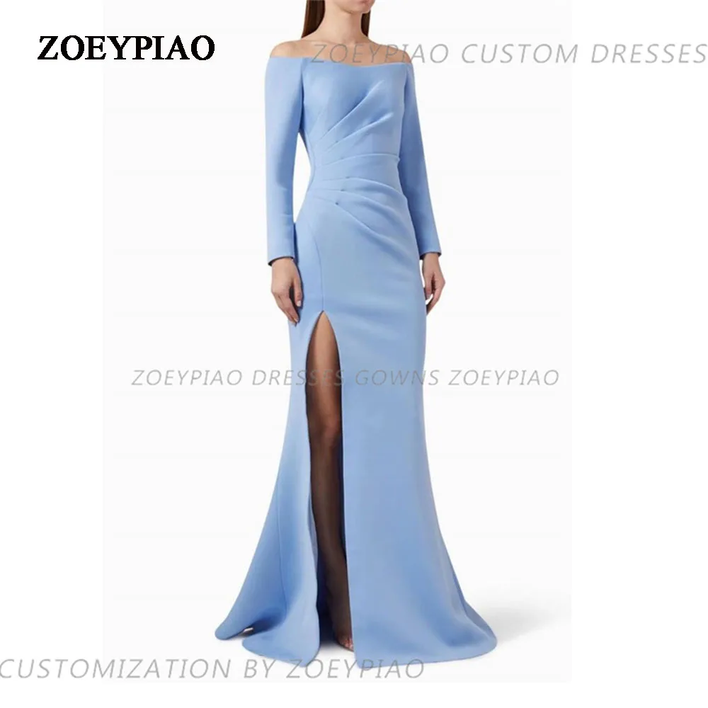 

Simple Light Blue Prom Dresses Off Shoulder Side Slit Full Sleeves Arabic Evening Gown Formal Event Gowns vestidos de fest