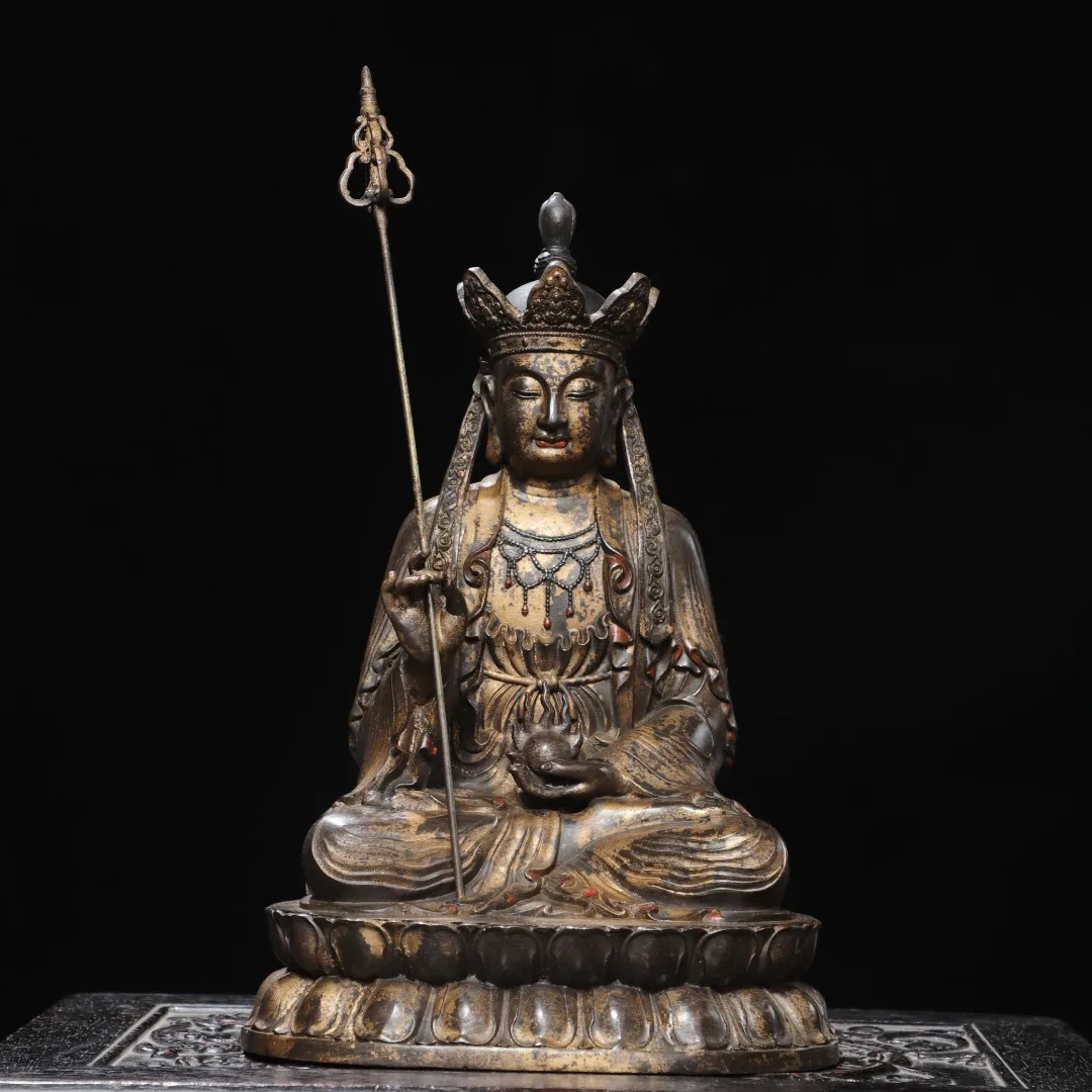 

13-дюймовый коллекционный бронзовый позолоченный высокий рельефный киноварь Кsitigarbha Бодхисаттва Лотос Будда Терраса Амитабха Будда Зал поклонения