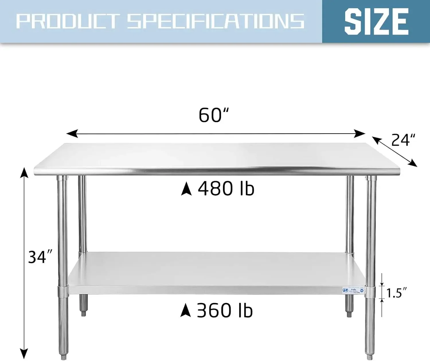 طاولة من الفولاذ المقاوم للصدأ للإعداد والعمل مقاس 24 × 60 بوصة، طاولة NSF التجارية شديدة التحمل مع غلاف داخلي وأرجل مجلفنة
