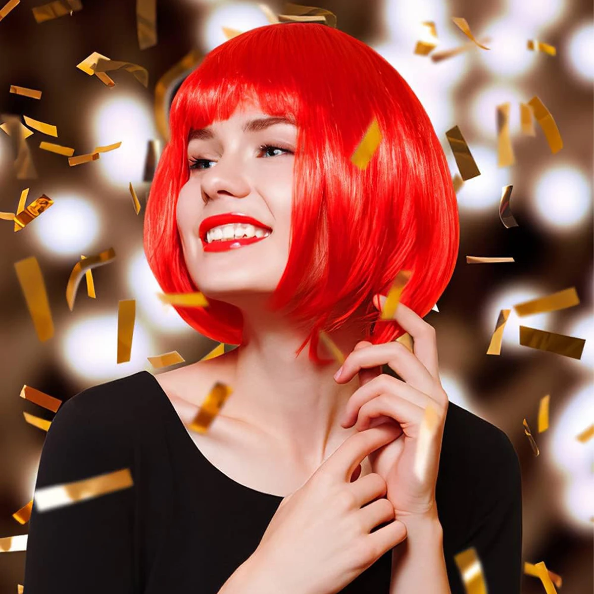 

12 Inch /30 cm Fashion Lady Short Straight Synthetic Flat Bangs Bob Wig (Red)
