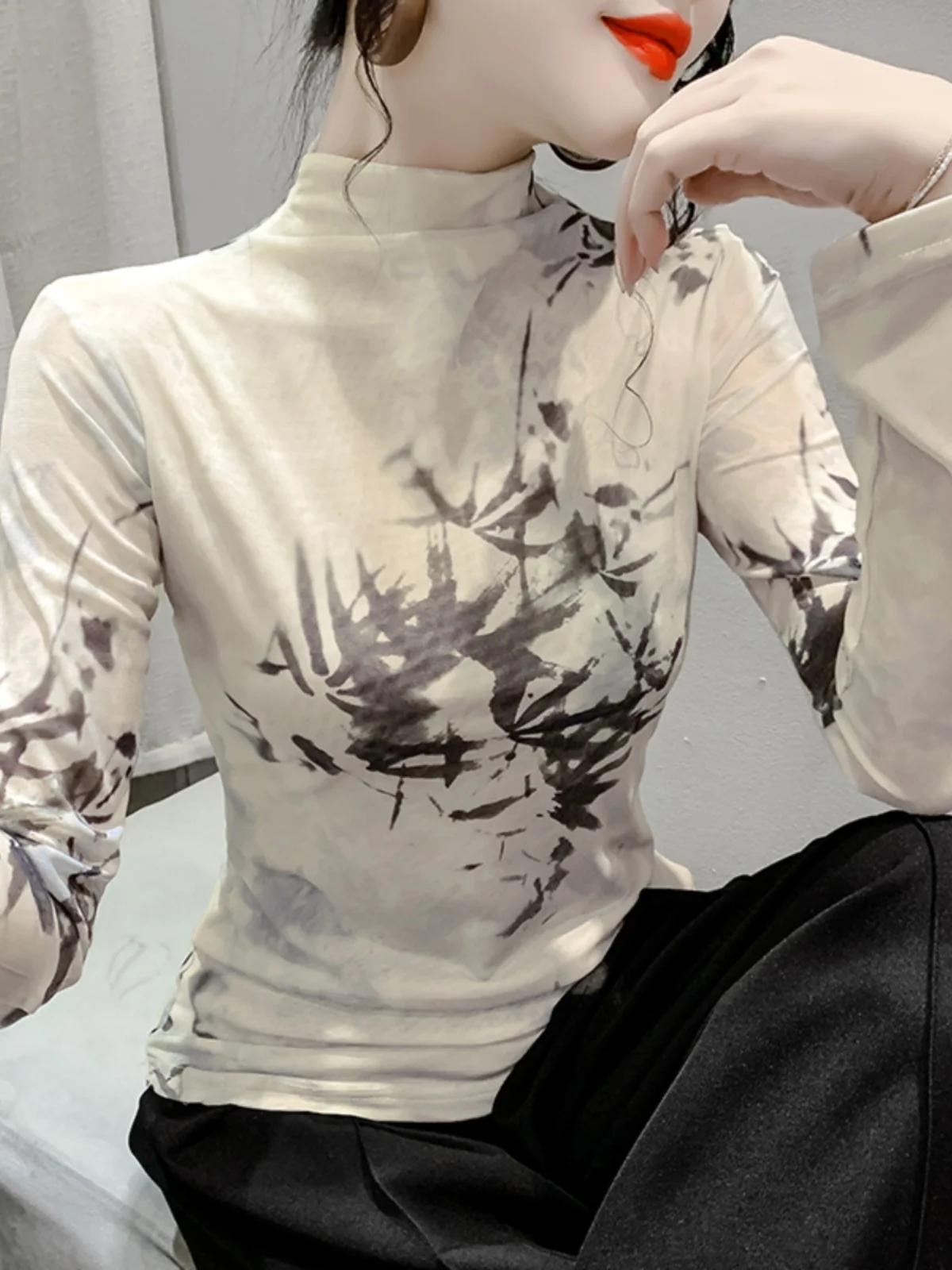 ملابس داخلية نسائية مطبوعة طويلة Sve Me Base irt f بياقة عالية بقصة ضيقة ملابس داخلية عصرية لخريف وشتاء الشارع Sle