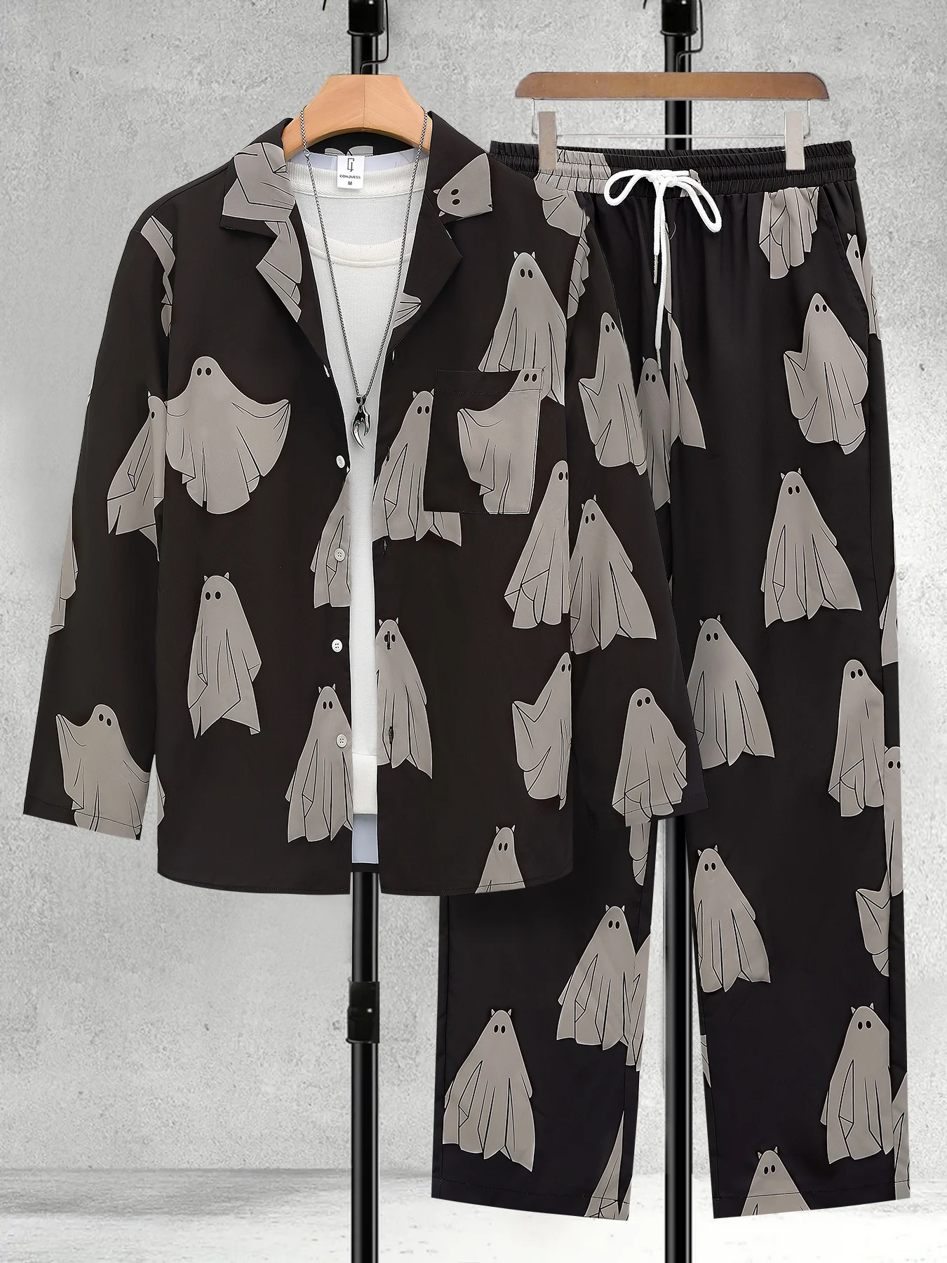 

Men's Fun Ghost Print Pajama Set 2 Piece Lapel Long Sleeve & Pants Comfortable Loungewear