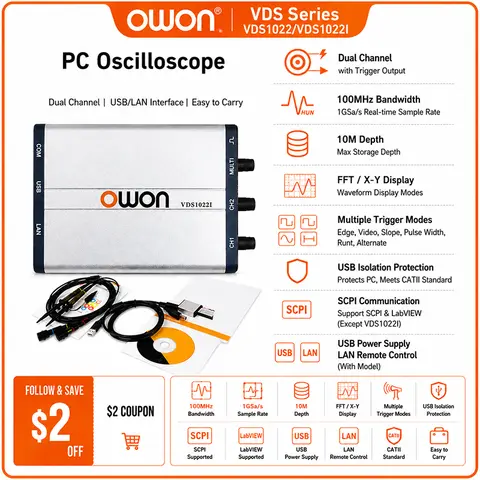 OWON VDS1022/VDS1022I Virtual Dual-Channel Oscilloscope Bandwidth Of 25Mhz USB 100MS/S Sample Rate USB Isolation