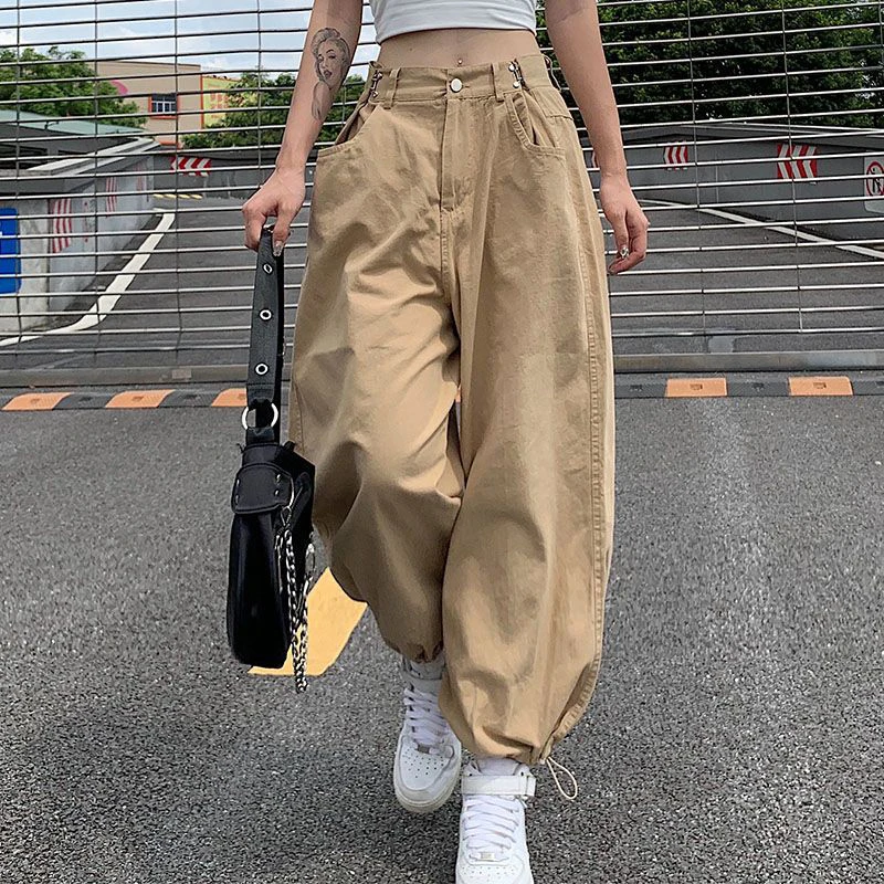 

Y2K Khaki Oversized Cargo Pants Women Hip Hop All-Match Drawstring Harem Trousers Korean High Waist Streetwear Casual Pants