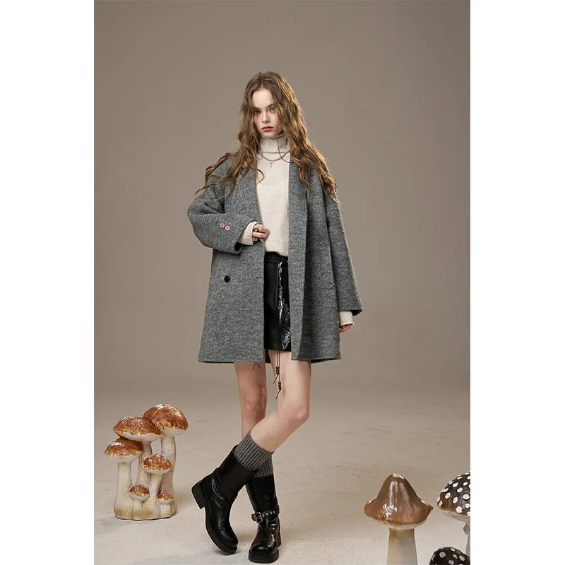 ELFSACK 2025 겨울 신상품 캐주얼 엘레강트 블레이저 스타일 오버사이즈 울 블렌드 코트 여성용