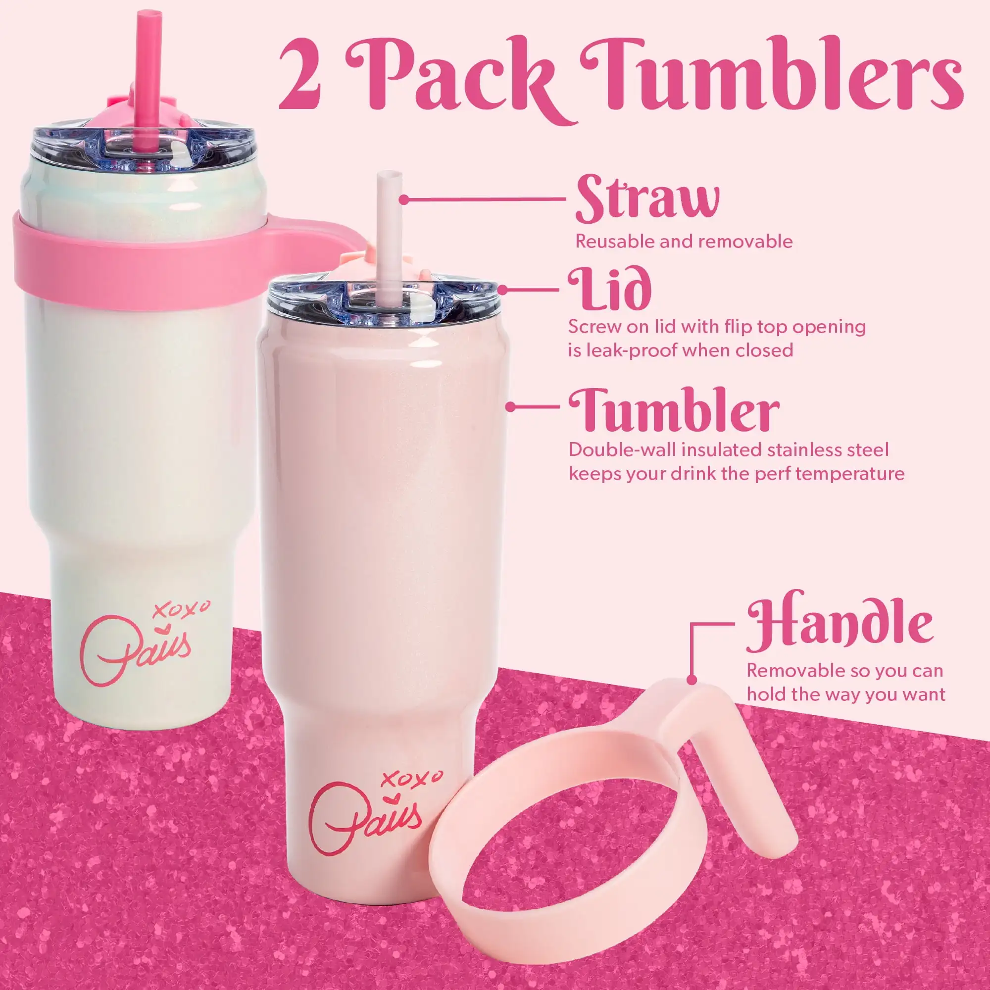 40oz Stainless Steel Tumbler Set, Double Wall Vacuum Insulated Cup with Removable Handle, Reusable Straw, White and Pink