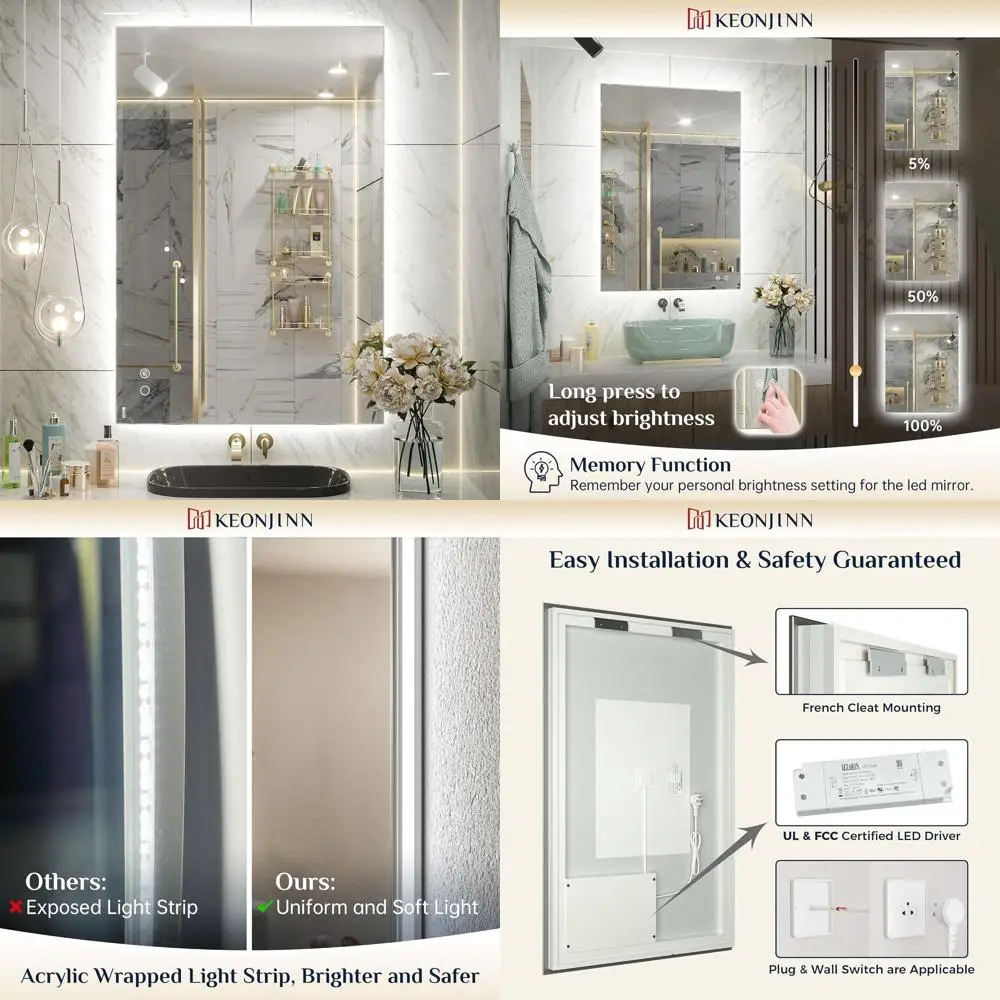 Miroir de salle de bain LED antibuée rétroéclairé, 24 x 40 pouces, verre trempé HD, variable en continu, haut CRI90 +, certifié UL, étanche