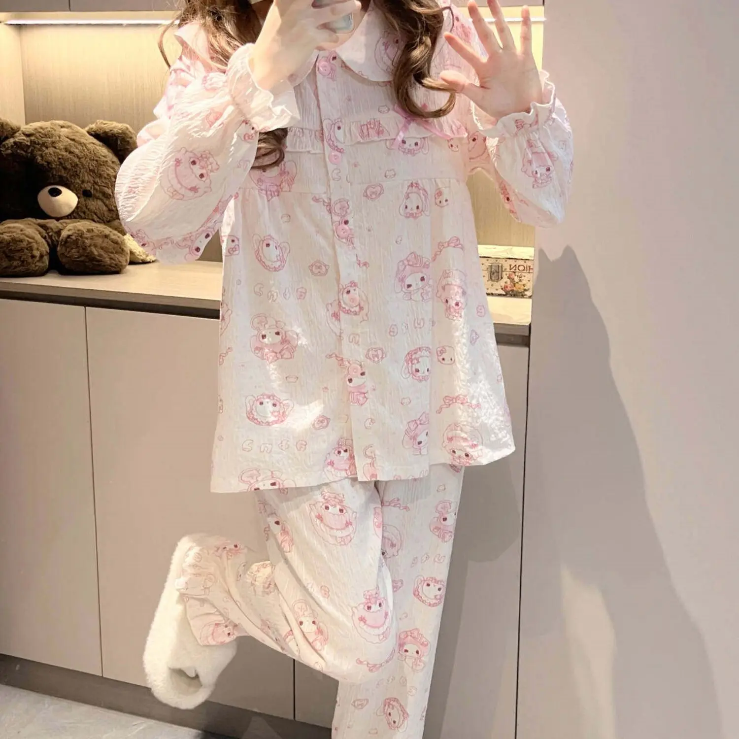 

Sanrio My Melody Sleeping Shirt for Women Spring Pyjamas Pant Long Sleeve Pajamas Set Kawaii Cartoon Student Nightwear Home Suit