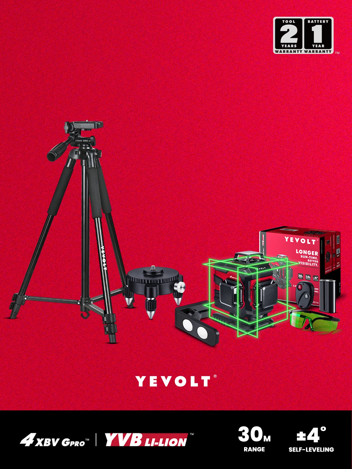 

YEVOLT TP-YVGLL4XS16-GLd 16 Lines Green Laser Level All Day Work Machine with Tripod Magnetic Holder Magnetic Holder Glasses