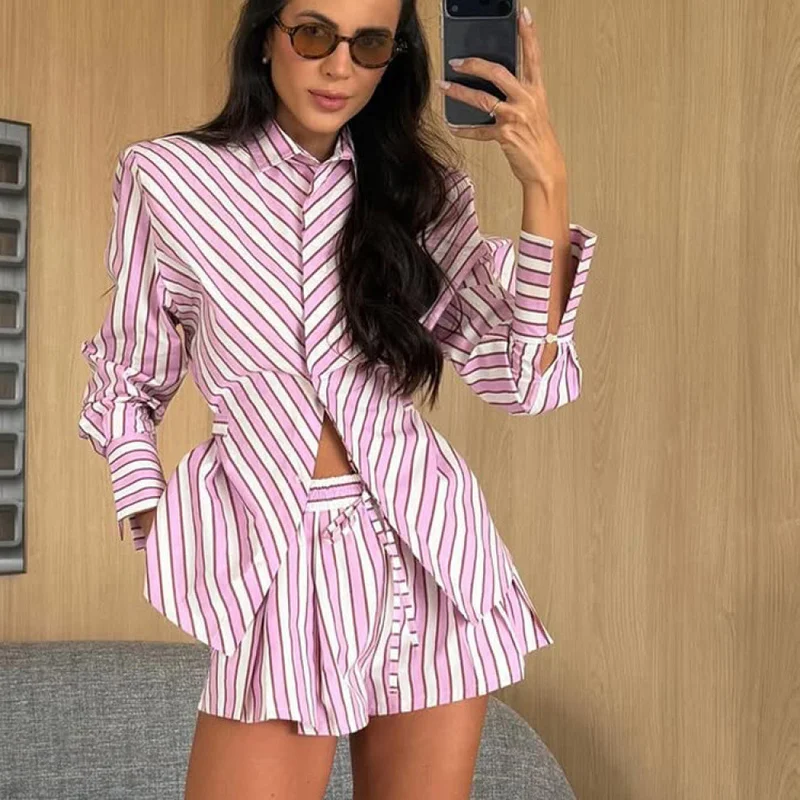QICHE 2026 Women Striped Two‑Piece Outfit Lapel Long Sleeve Open Shirt Blouse And Shorts Fashion Commuter Matching Set