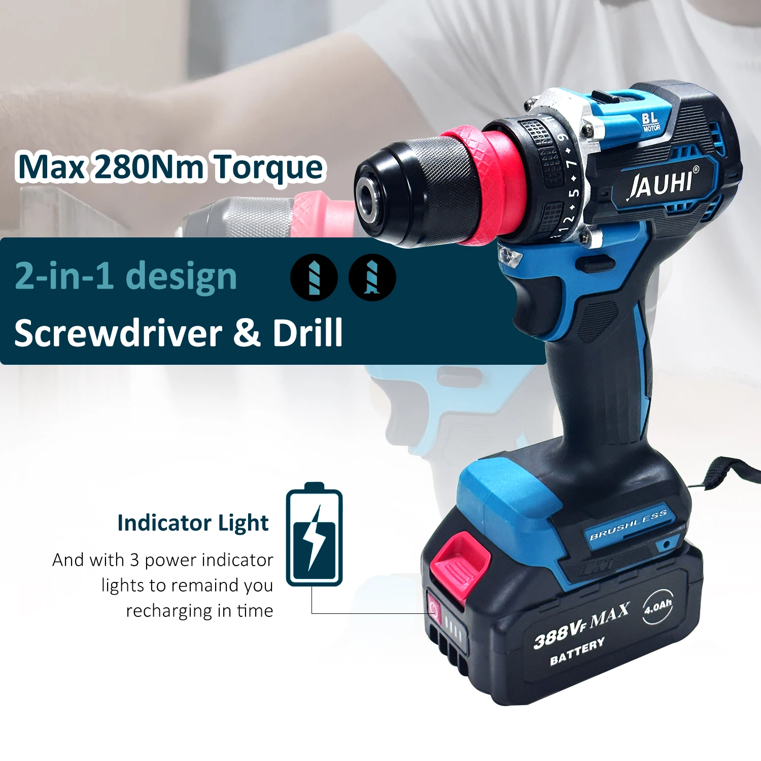 JAUHI 280N.m 1000W Brushless Electric Screwdriver Impact Driver Cordless Drill Two Gear Speed for Makita18V Battery Power Tools