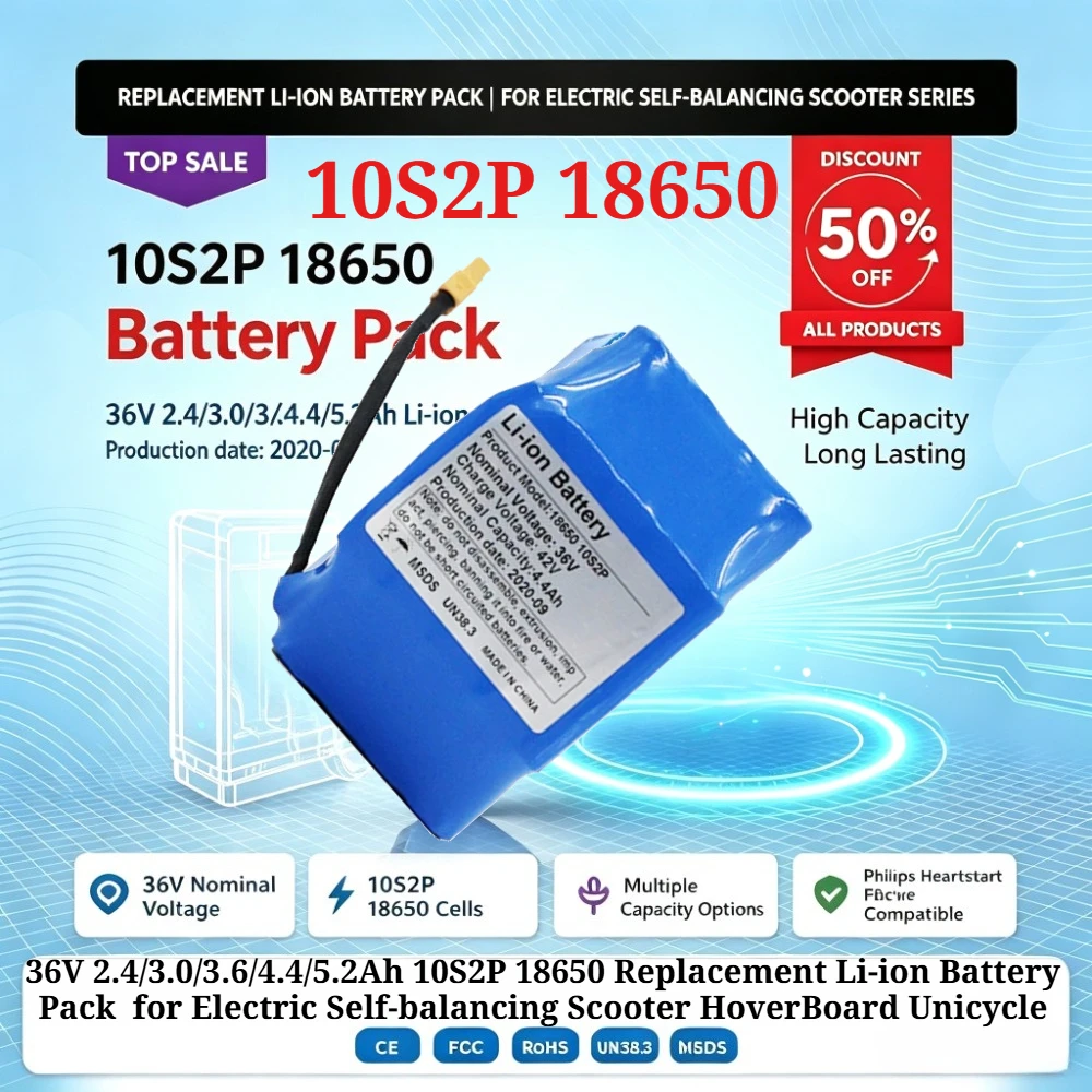 36V 2.4/3.0/3.6/4.4/5.2Ah 10S2P 18650 Replacement Li-ion Battery Pack  for Electric Self-balancing Scooter HoverBoard Unicycle