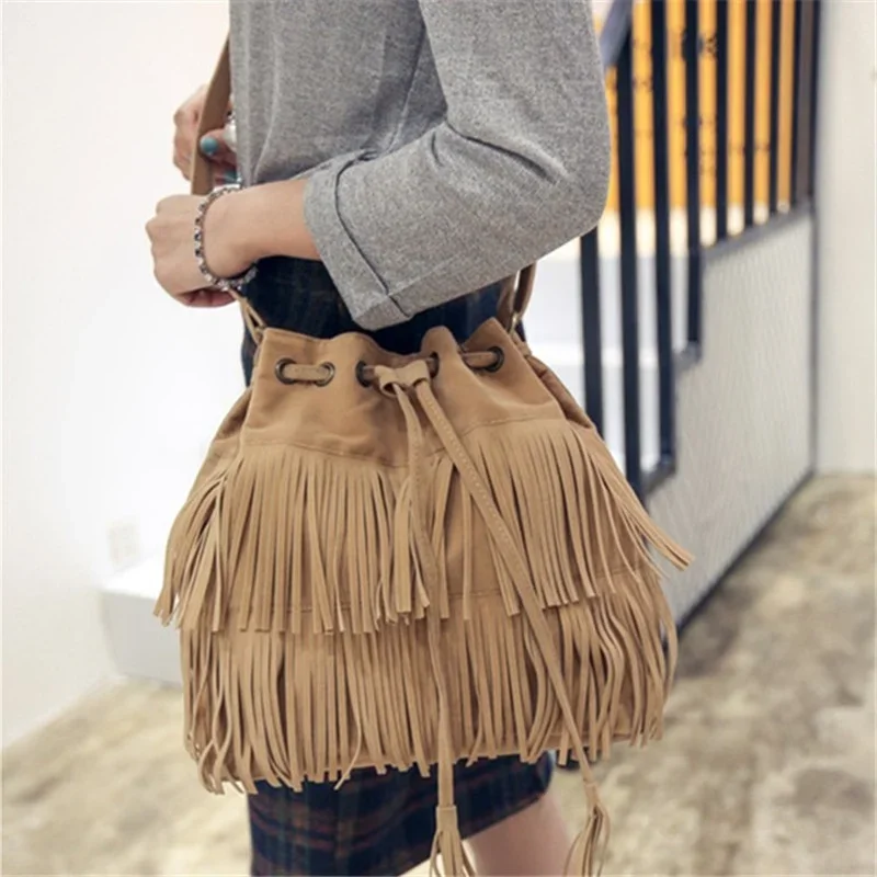 Retro Faux Suede Fringe Women Messenger Bags Tote New Handbag Tassel Shoulder Handbags Crossbody Bag Bucket