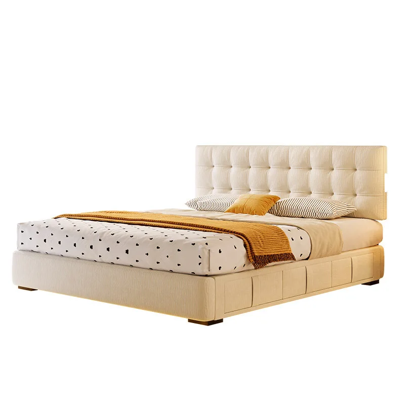 Cream wind thin bedside bed double small apartment master bedroom high box storage translation fabric bed
