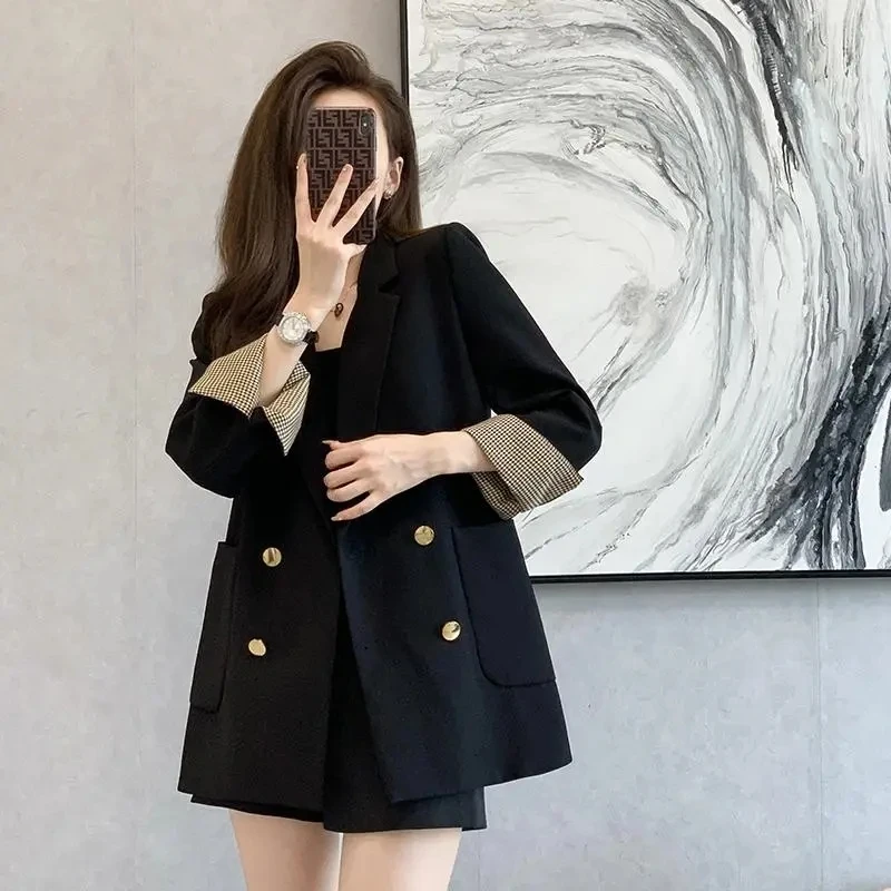 Spring 2024 New Women\'s Blazer Vintage Loose Long Sleeve Coat British Style Double-breasted Black Sleeve Suit Jacket