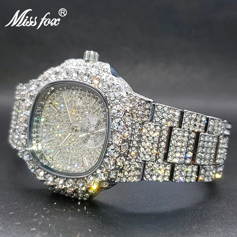 Men's Watches Luxury Classic Design Full Diamond Square Hand Clock Waterproof Hip Hop Quartz Watch For Men With Free Shipping