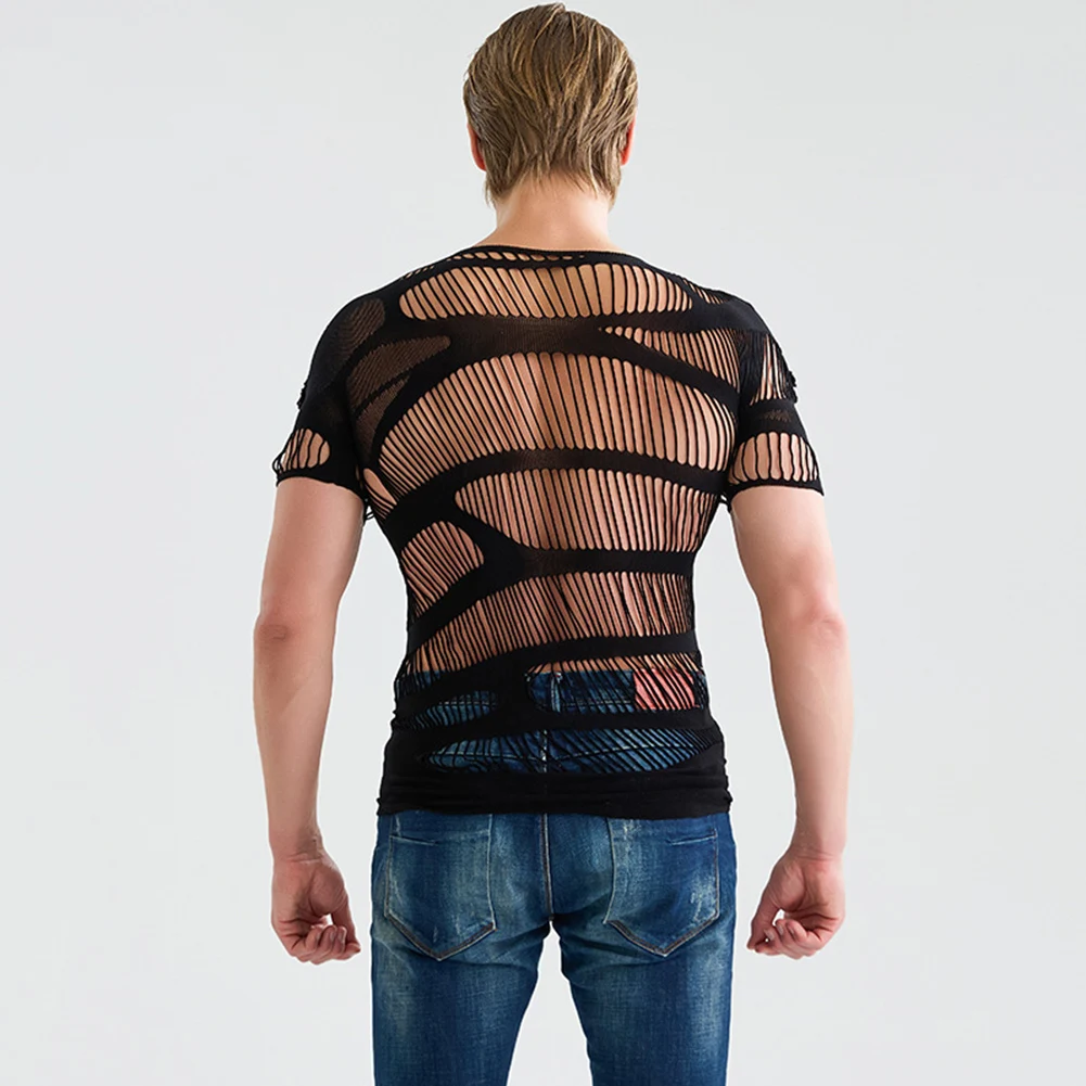 1pc Men Sexy Mesh Sheer Top Short Sleeve Mesh See Through Tops Hollow Out O-neck T-shirts Solid Color Underwear image 4