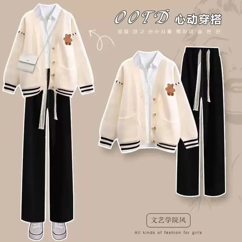 Autumn and Winter Fashion Set Female Student Salt Series Cardigan Coat+Shirt+Cowboy Wide Leg Pants 3-Piece Set