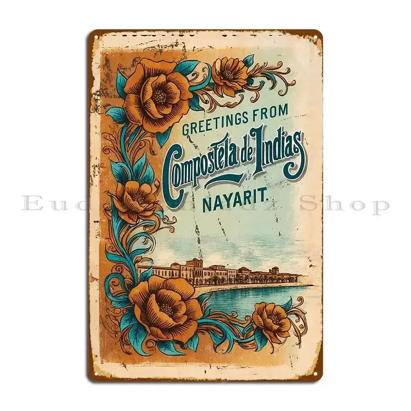 Compostela De Indias, Nayarit, México, Letrero Metálico Vintage con Diseño de Tarjeta Postal de Pueblo Mágico, Decoración de Pared para Bar, Personalizable