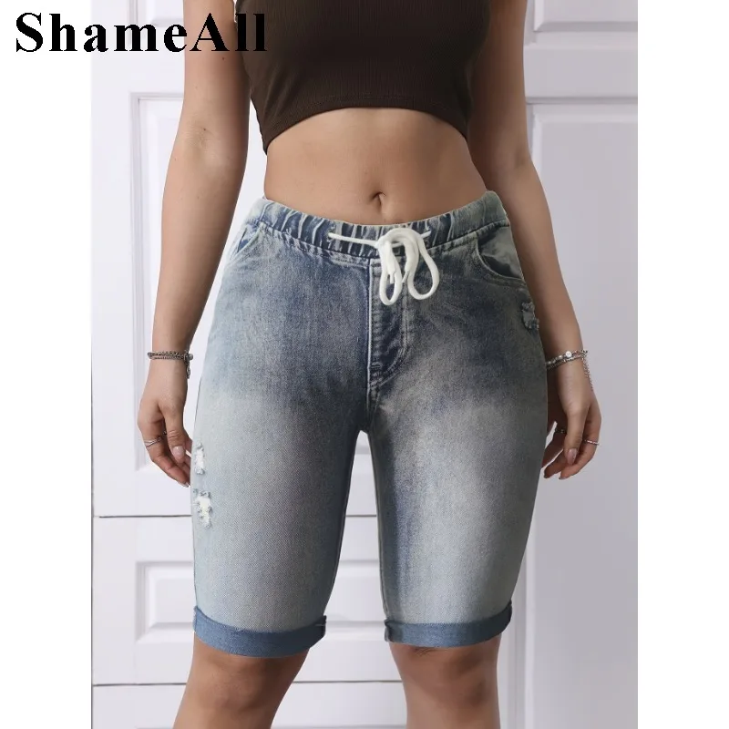 Vintage Elastic Waist Skinny Stretchy Cuffed Bermuda Shorts Women Fashion Ripped Roll Up Hem Denim Shorts