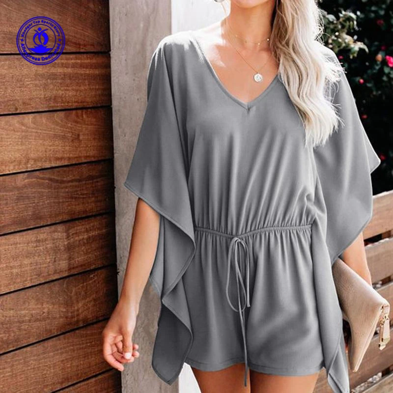 

Custom LOGO Women Short Sleeve Jumpsuit Solid Color Wide Legs Drawstring Shorts Rompers Streetwear 2022 V-neck Summer Playsuit