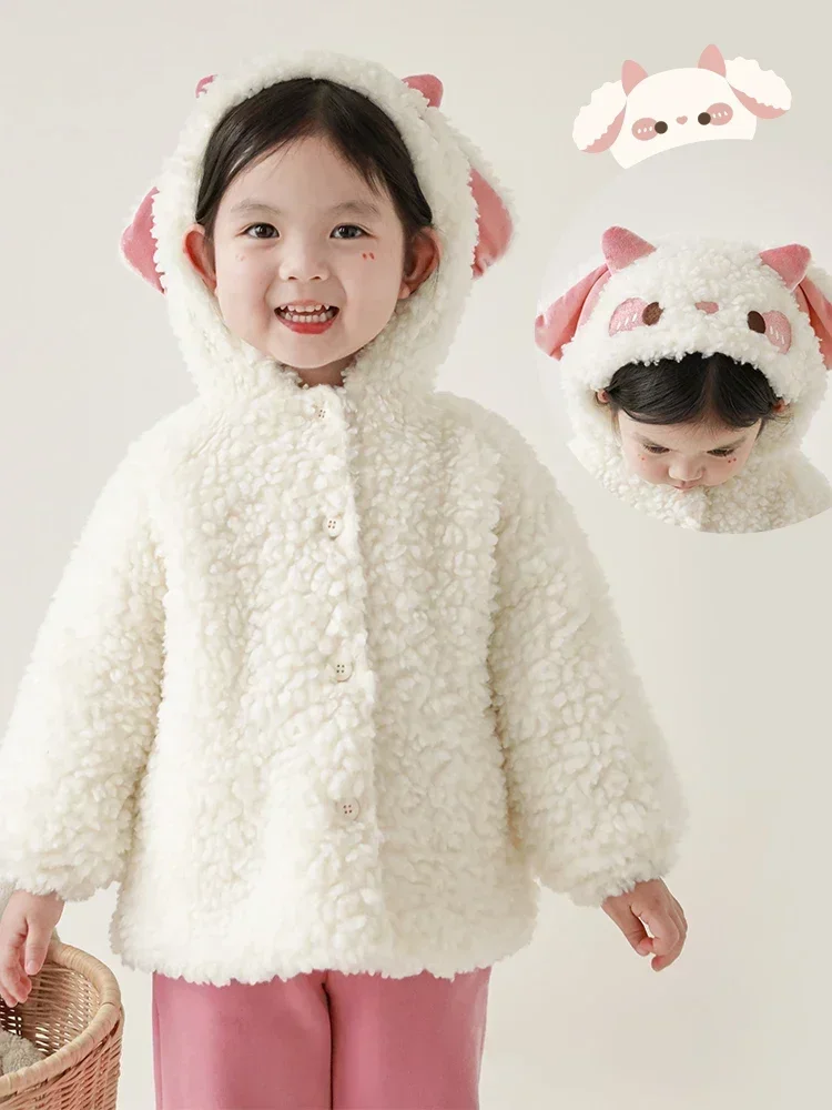 

Girls' Plush Little Sheep Plush Set Hooded Coat Adjustable Strap Pants Multi Piece Set Fashion