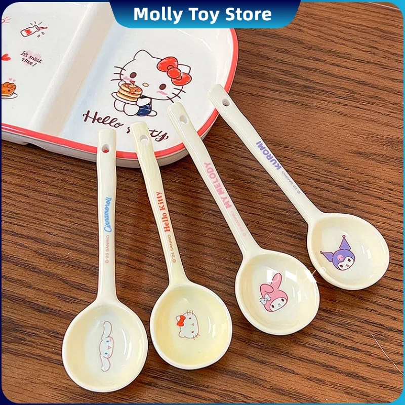 Sanrio Cinnamoroll Hello Kitty Ceramic Long Handle Soup Spoon Cute Cartoon My Melody Household Soup Spoon Tableware Girls Gift