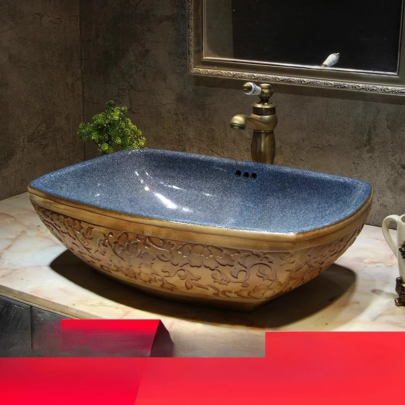 

Overflow hole antique wash basin, ceramic wash basin, retro balcony wash basin
