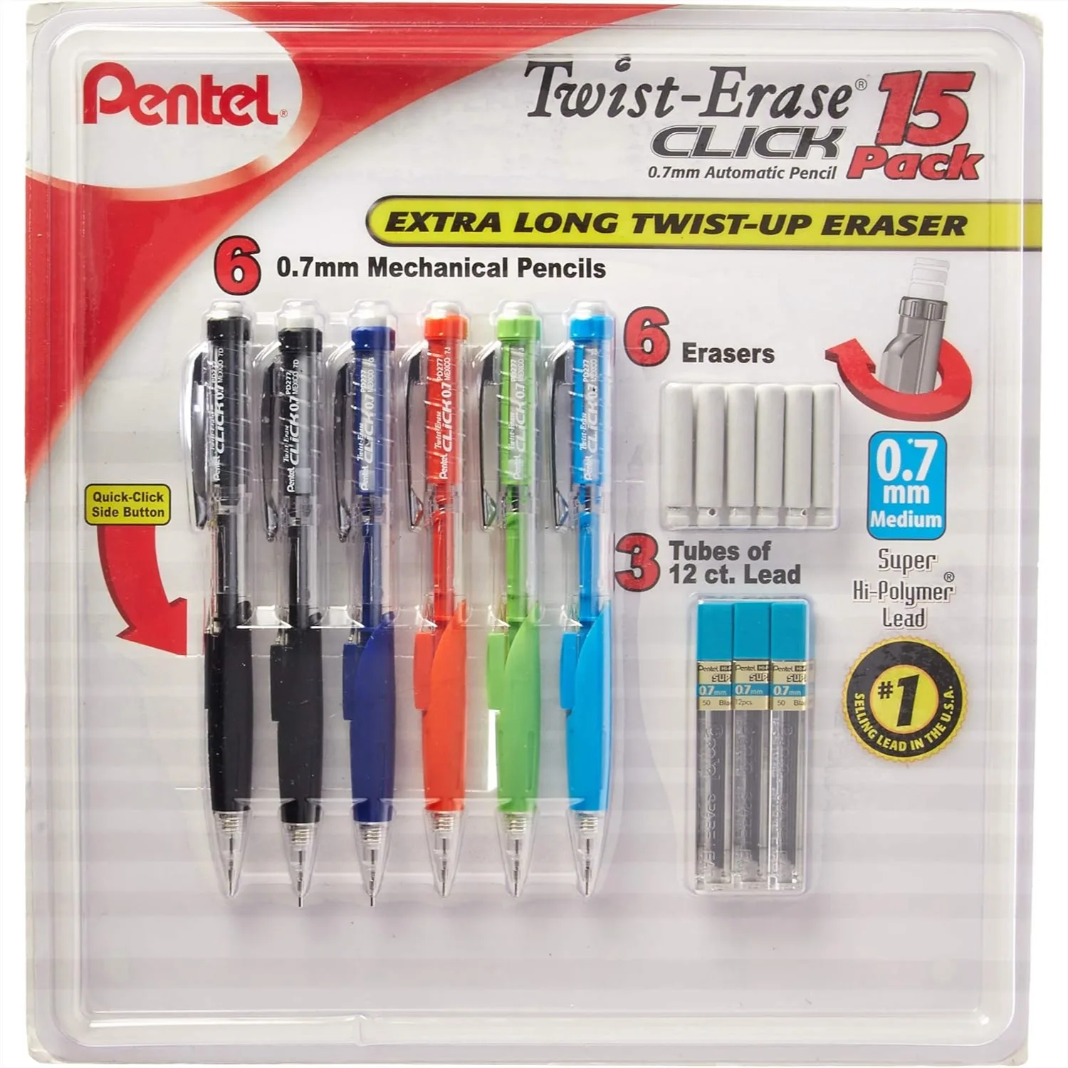

0.7mm Mechanical Pencils for Drawing & Writing, Quick-Click Side Button, Extra Long Eraser, 6 Pencils with 6 Erasers & 3 Lead