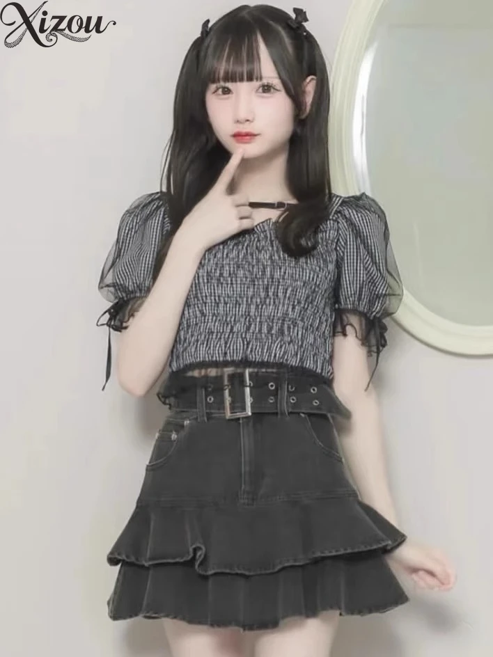 

2025 японские женские летние топы, укороченный топ, футболка с короткими рукавами, шарф, галстук-бабочка, пышные рукава, повседневная рубашка для поездок на работу (без этикетки)