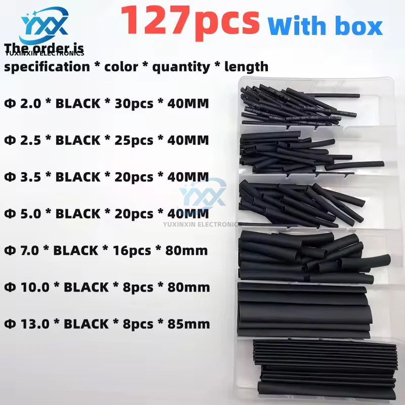 

127PCS Heat Shrink Tubing Kit Black 2:1 Insulation Sleeve Wire Cable Wrap Assortment Set Boxed Version