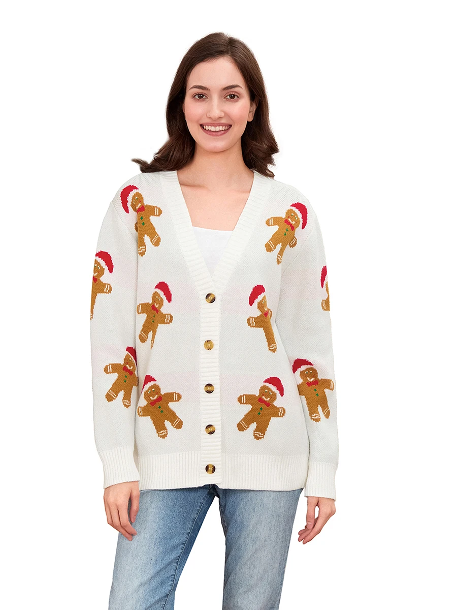 

Women s Christmas Cardigan Gingerbread Man Pattern Button-front Long Sleeve V-Neck Ribbed Knitted Sweaters