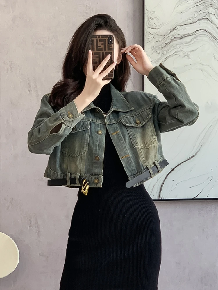 

Джинсовая куртка с завышенной талией в стиле ретро, женская весенне-осенняя модная свободная куртка на пуговицах, повседневное цветное пальто, топ