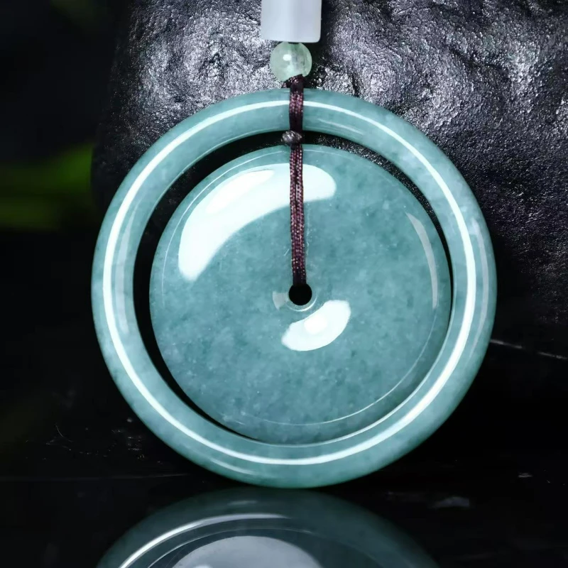 

Natural Blue Water Jade Carved Double Round Buckle Lucky Pendant Amulet Necklace Fashion Luxury Retro Accessories Jewelry Gift