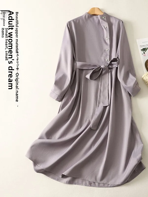 Lente 2026 Dames Lange Sve A-lijn Dr met riem Taille Cinching Zijknop Oversized Comfortabel Katoenmix Dr