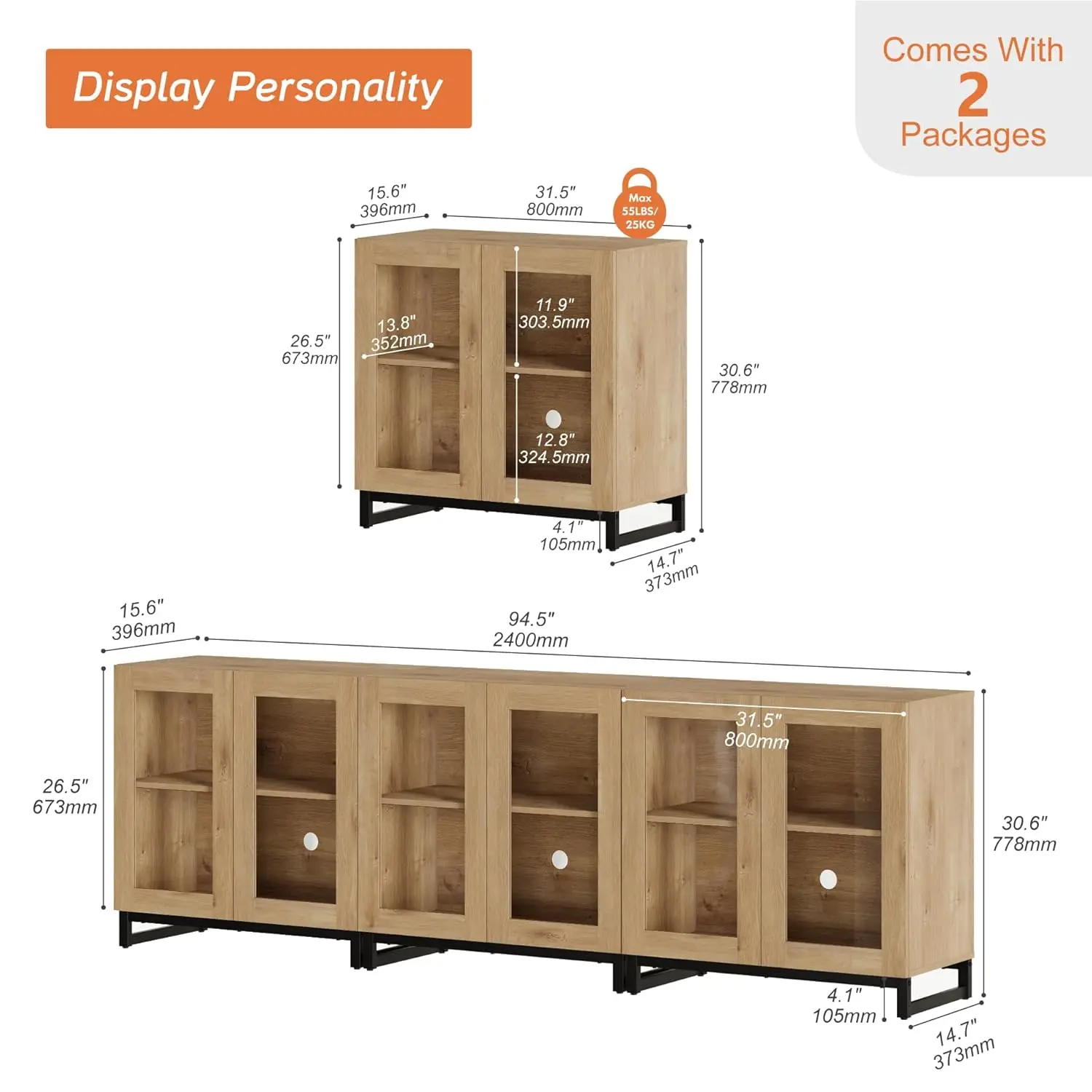 #3 in 1 Multifunctional Sideboard Buffet Cabinets with 6 Glass Doors, Modern Sideboard Credenza with Adjustable, Customized