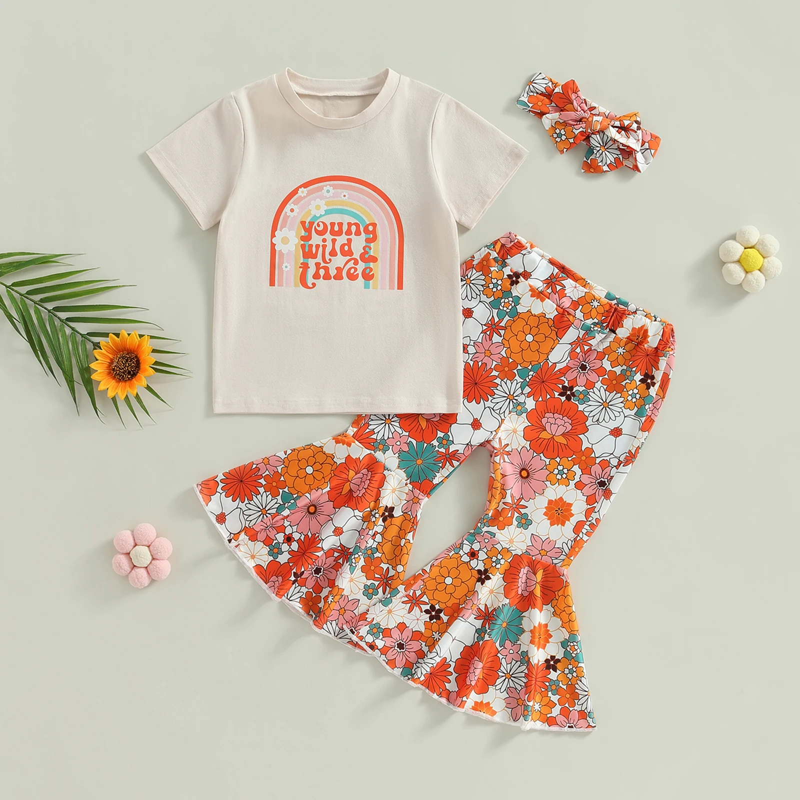 Kids Girls Pants Suit Casual Street Party Short Sleeves Letters Shirt Floral Bell-Bottoms Pants Head Band Children's Clothing