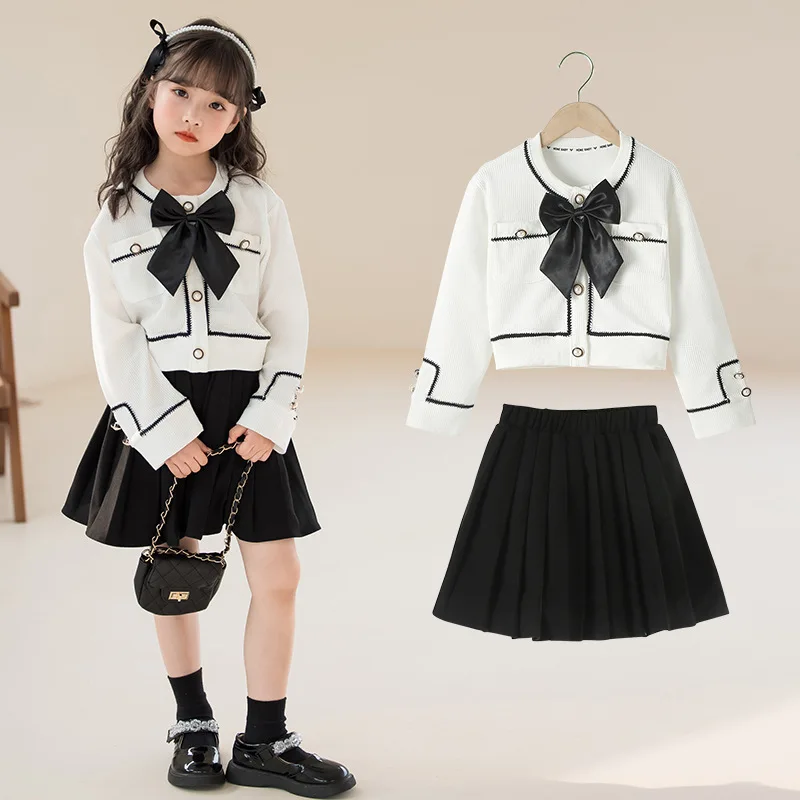 Spring Autumn School Girl Clothing Set Children Girl Pearl Buckle Bow Waffle Checks Jacket + Pleated Skirt Kids Clothes Girl Set