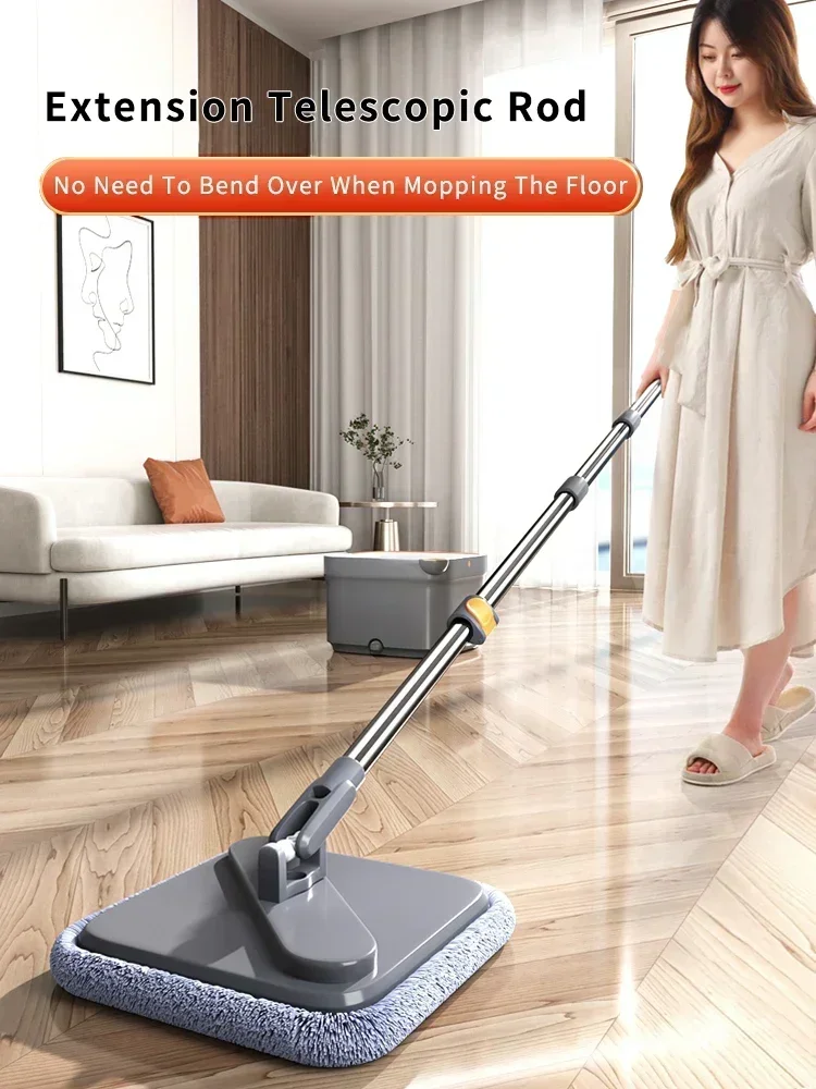 Spin Mop With Bucket Hand-Free Lazy Squeeze Mop Automatic Magic Floor Mop Self-Cleaning Nano Microfiber Cloth Square Mop