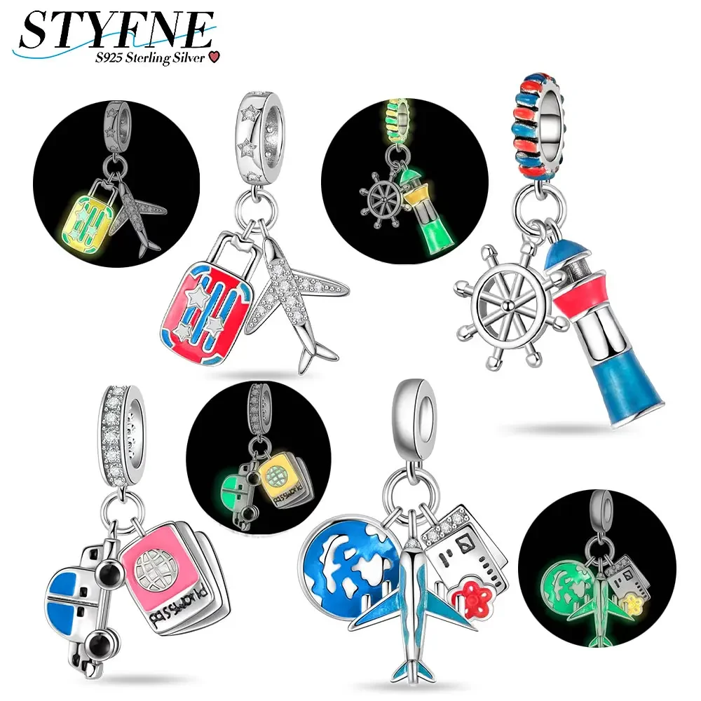 

925 Sterling Silver Luminous Airplane Travel Pendant Charm for Women Diy Beaded Original Fit Bracelet Boutique Jewelry