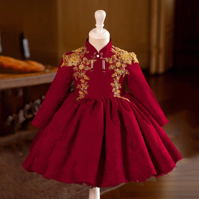 Red Chinese Style Girls Flower Girl Princess Ball Gown Long Sleeve Dress for Host Piano Evening Gown Costume Performance Formal