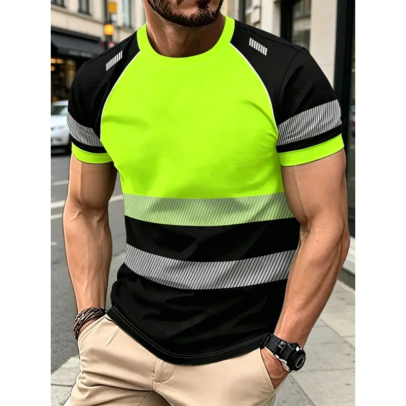 Premium Summer Mens Color Block Green Black Short Sleeve T Shirt Soft Breathable Stretchy Crew Neck Top Ideal For Outdoor Workin