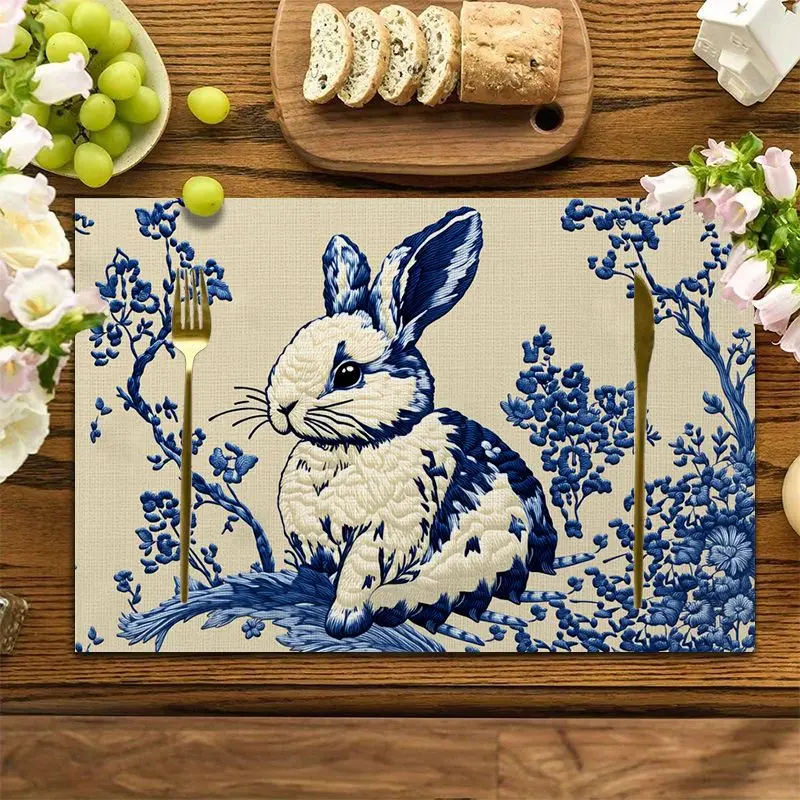 4Pcs, Blue Rabbit Placemats, Washable, Suitable for Holiday Parties, Home Decor, Kitchen Tables, Rectangular Dining Rooms, Makin