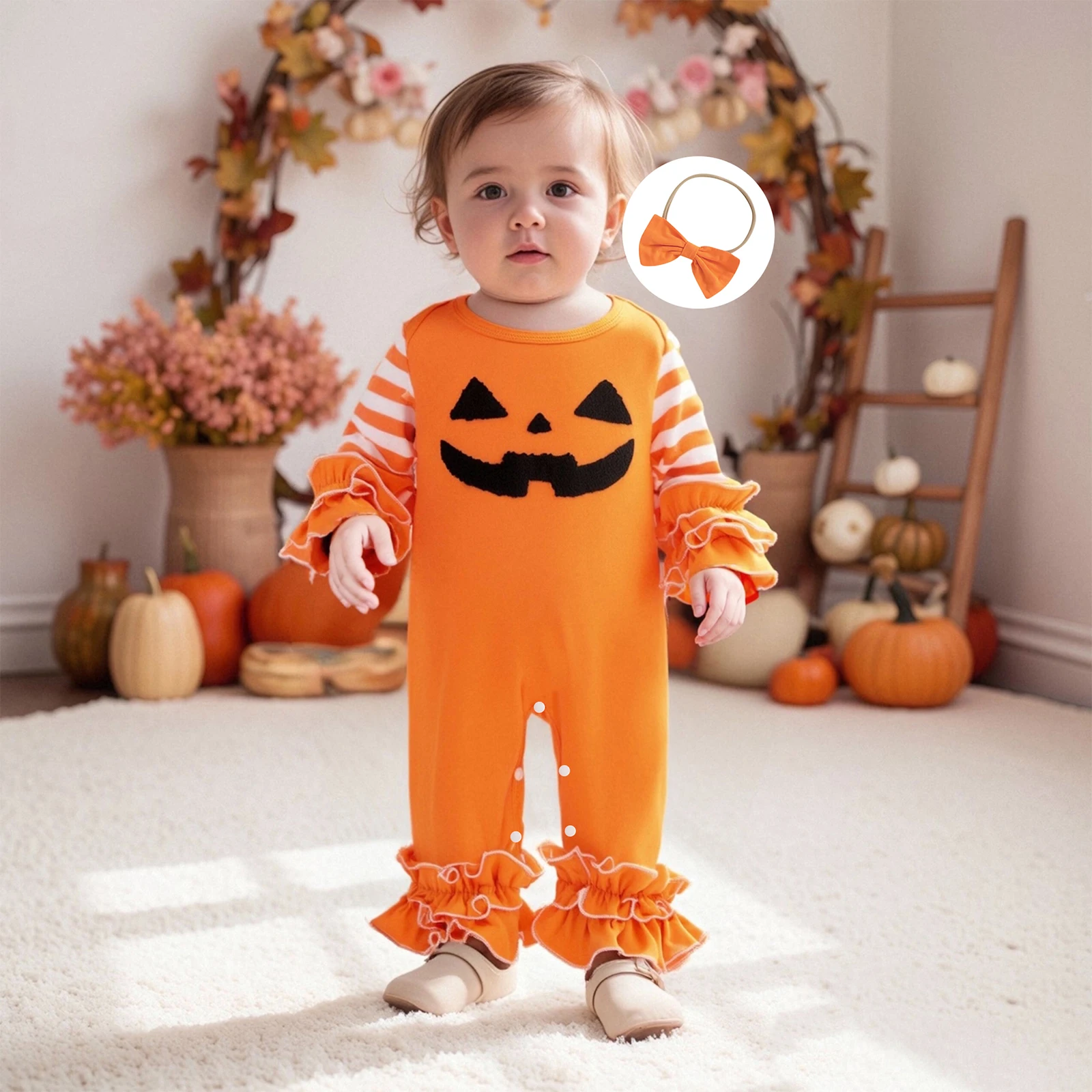 

Одежда для малышей, комбинезон на Хэллоуин для девочек, полосатые комбинезоны с длинными рукавами и вышивкой тыквы/призрака и милый комплект с повязкой на голову для малышей