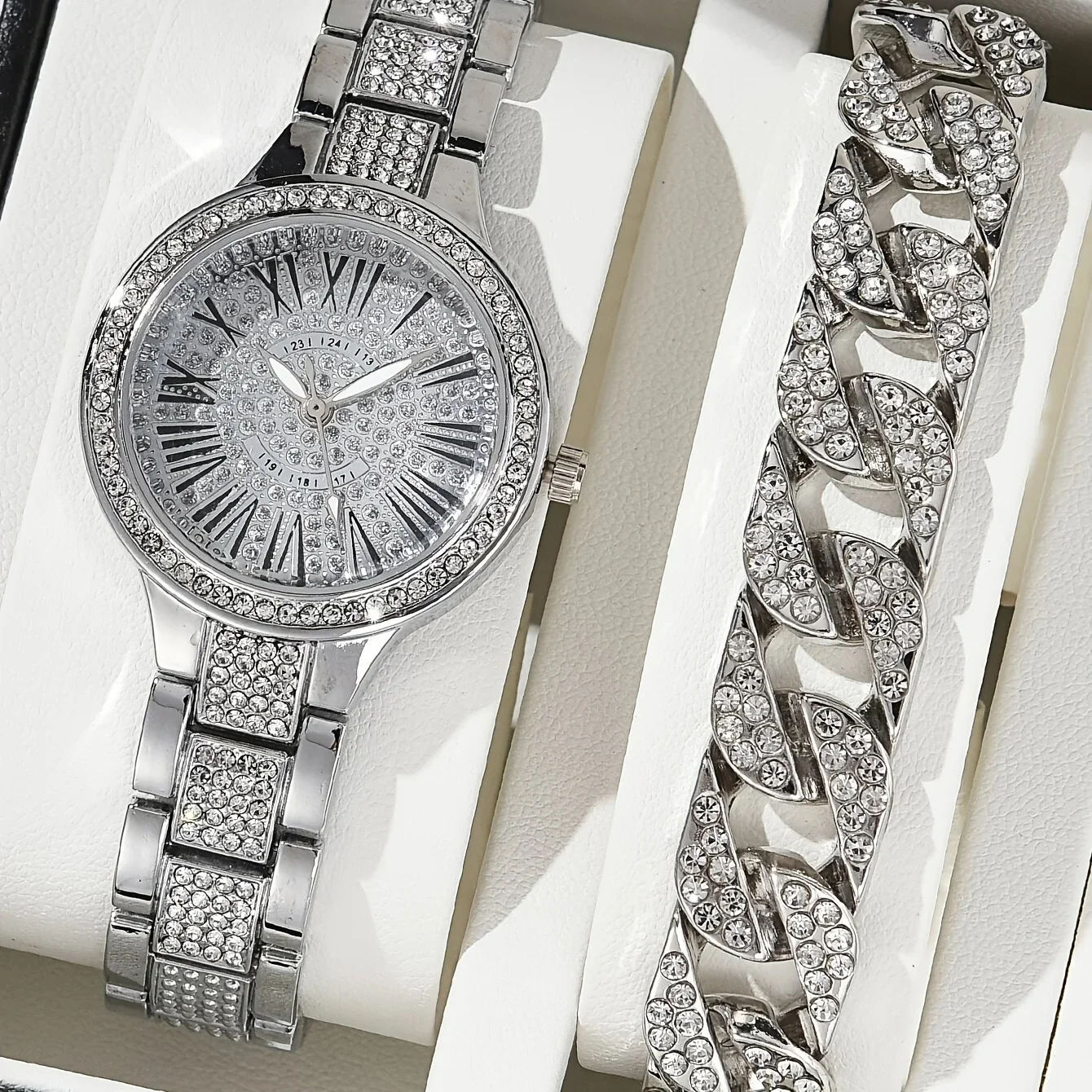 2pcs/set 1pc  Large Dial Square Rhinestone Watch + 1pc Chain Bracelet