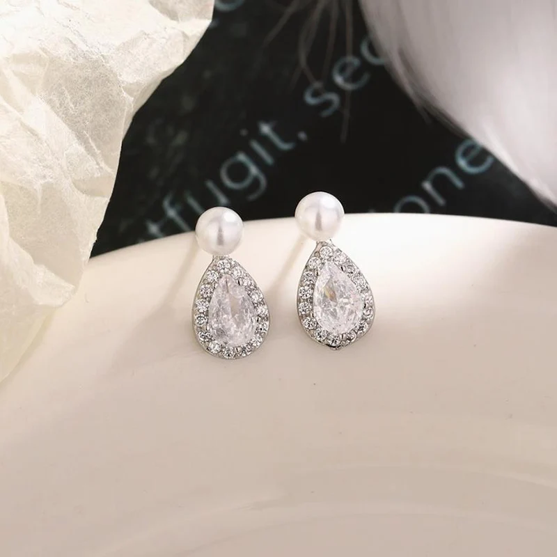 2025 Morning Dew Zircon Water Drop Pearl Earrings Small Cute High Grade Inlaid Bead Tears Earrings 925 Silver Ear Stud