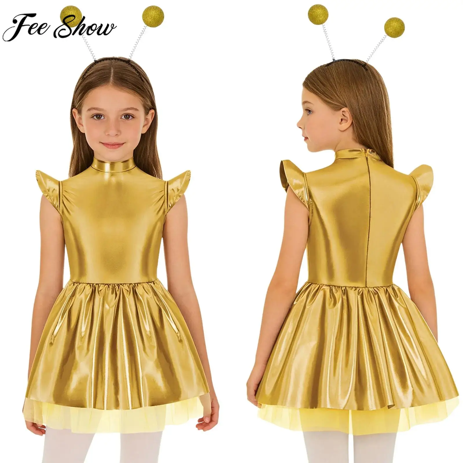 

Girls Alien Robot Astronaut Galaxy Warrior Cosplay Costume Metallic Shiny Zipper Tutu Dress for Halloween Space Theme Party