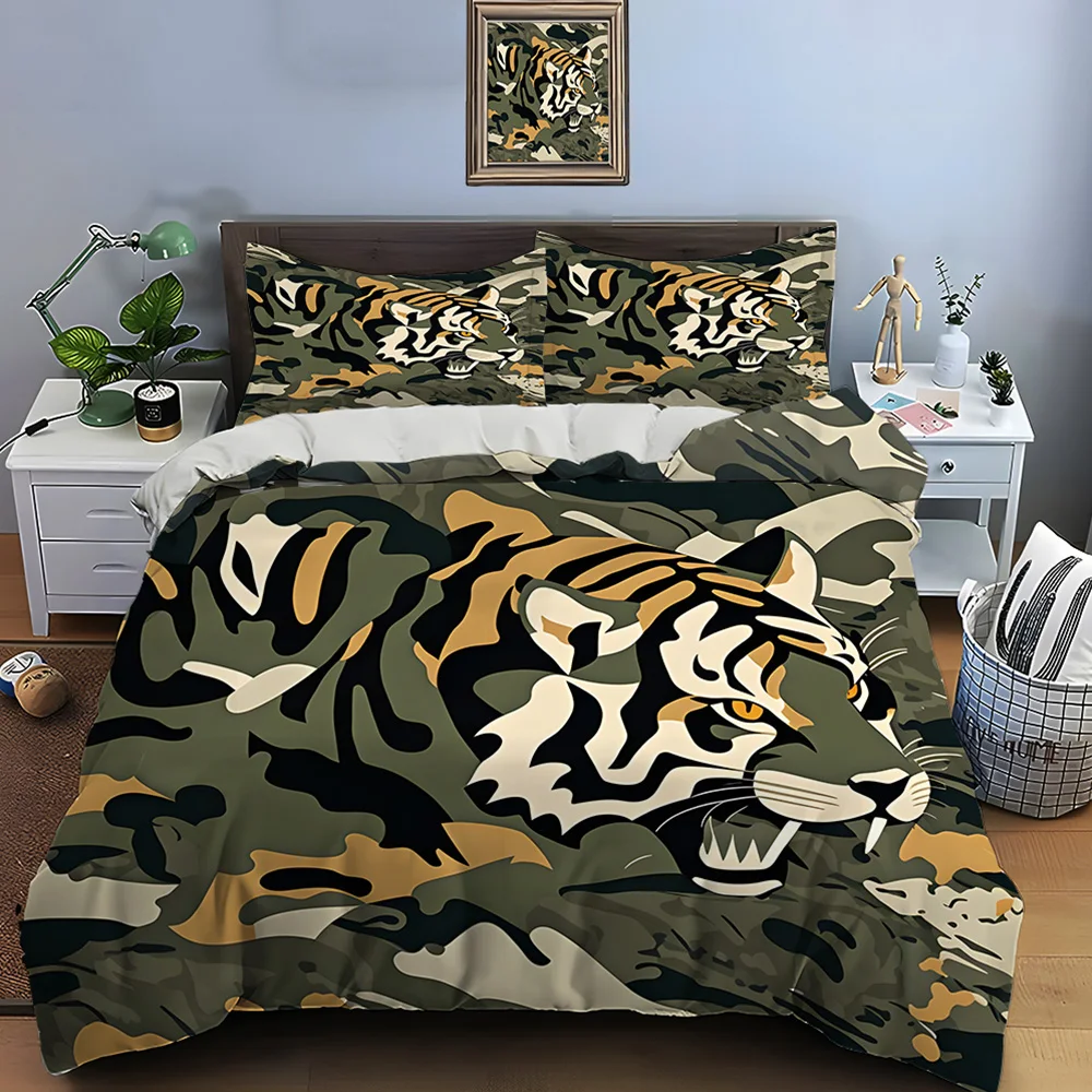Camouflaged tiger in dense jungle Bedding Set for Kids Luxury Gift 3pcs Digital Print Comforter Set Soft Comfortable Breathable view 2