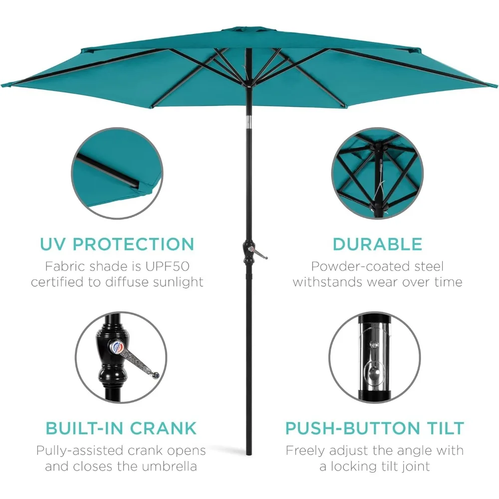 Parapluie de marché extérieur en acier et polyester, bouton poussoir facile, inclinable, compatible avec la table, manivelle, 10 pieds